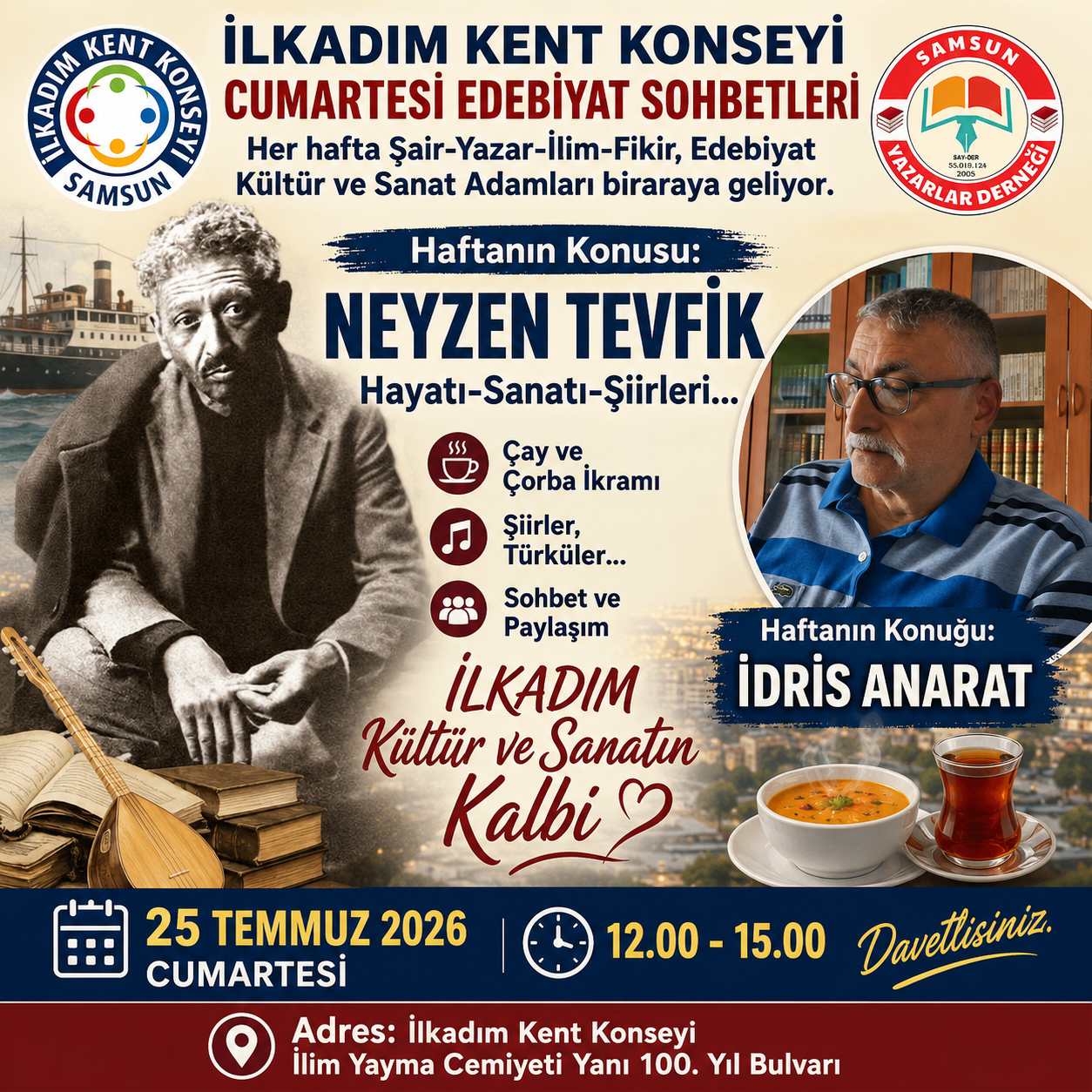 İlkadım Kent Konseyi Cumartesi Edebiyat Sohbetlerinde Neyzen Tevfik Konuşulacak