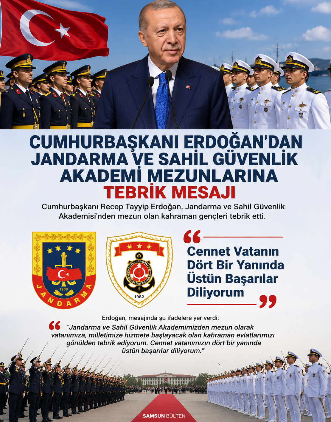 Cumhurbaşkanı Erdoğan'dan Jandarma ve Sahil Güvenlik Akademi Mezunlarına Tebrik Mesajı