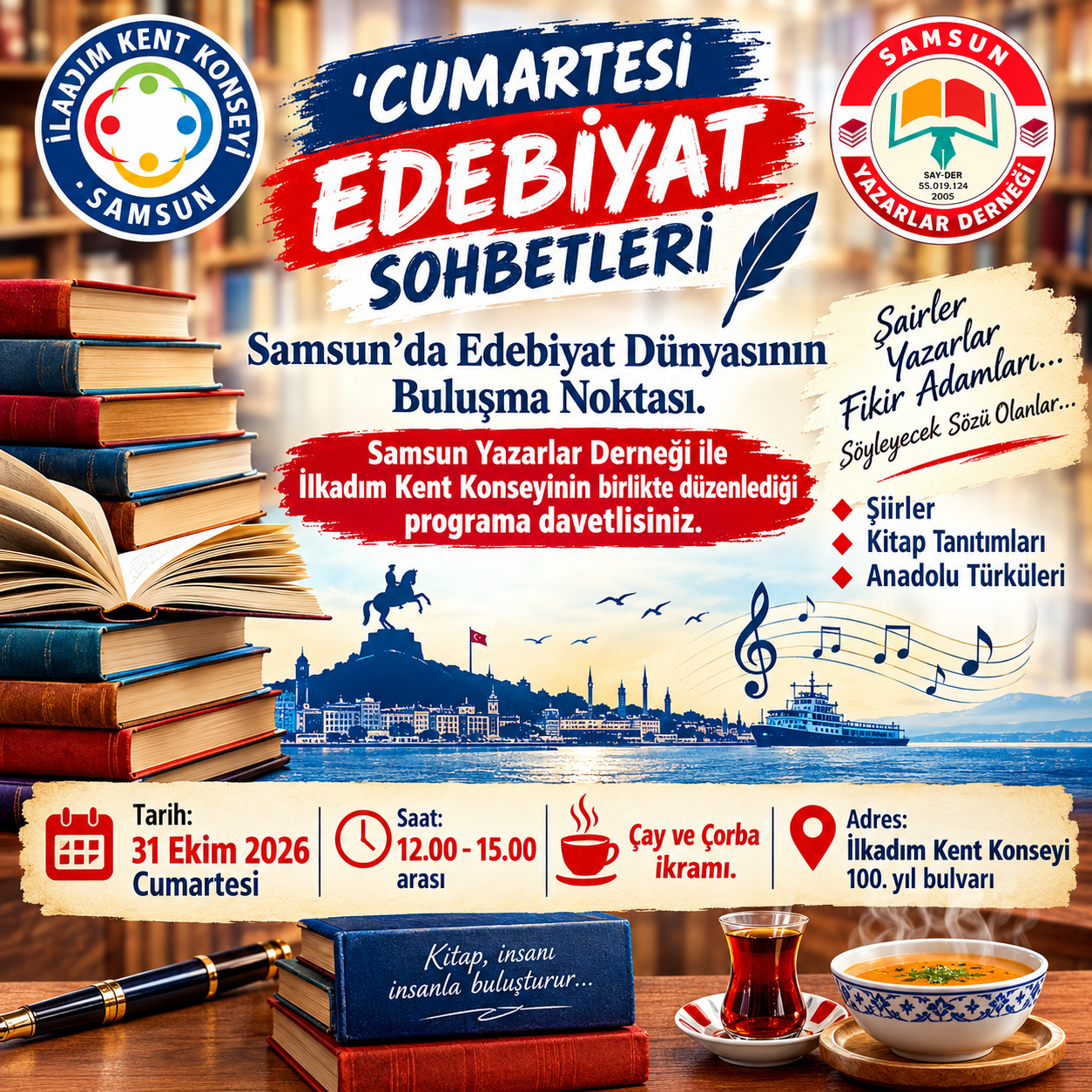 SAMSUN'DA EDEBİYAT DÜNYASININ BULUŞMA NOKTASI: CUMARTESİ EDEBİYAT SOHBETLERİNE DAVET
